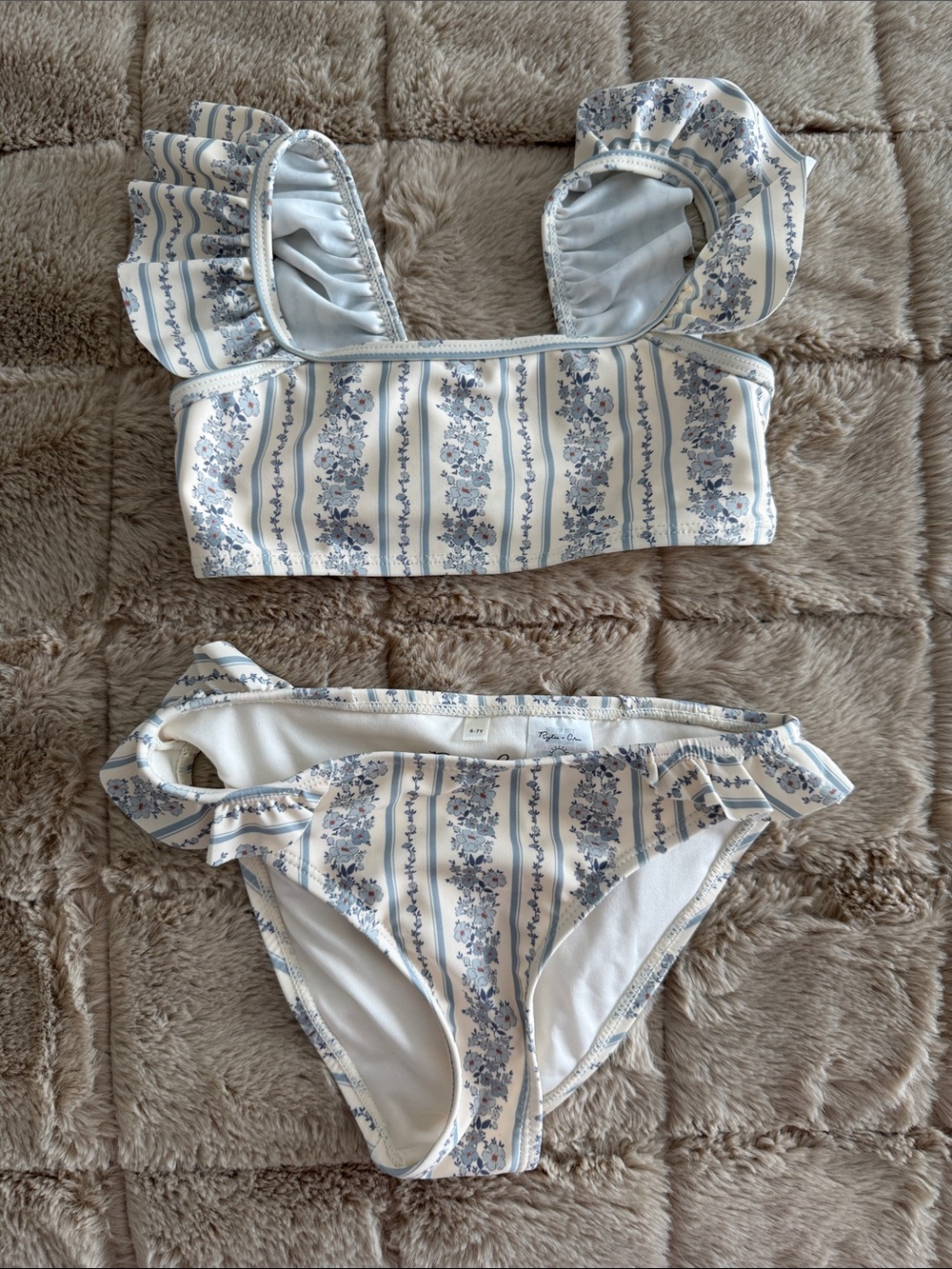Rylee + Cru Blue and Cream Floral Stripe Ruffle Bikini